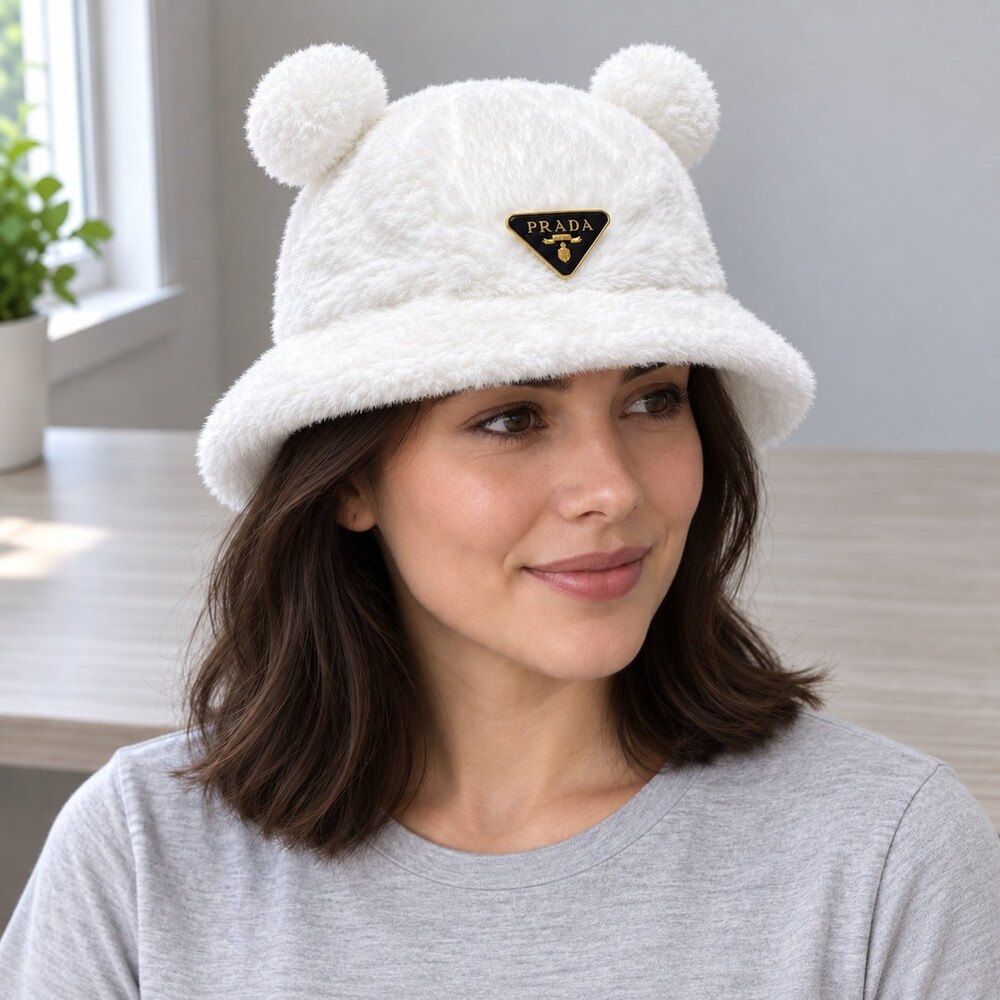 Prada White Plush Ear Bucket Hat - Picture 2 of 6